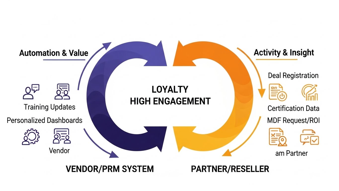Graphic illustrating the feedback loop between partners and vendor, showing how engagement leads to insights and better support.